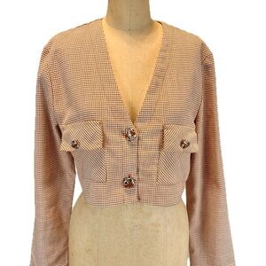 VINTAGE houndstooth cropped jacket bolero button front v‎ neck burnt orange 80s